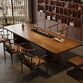Traditional Chinese Tea Room Interior With Wooden Table Chairs And Display Cabinets