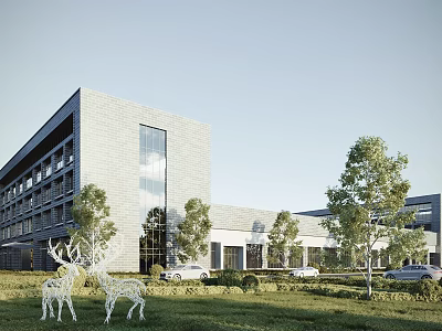 Modern Office Building With Gray Exterior Large Windows Lawn Trees Deer Sculptures And Cars 3d model