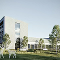 Modern Office Building With Gray Exterior Large Windows Lawn Trees Deer Sculptures And Cars