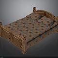 Classic Wooden Bed With Carved Frame And Checkered Bedspread And Pillows