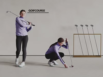 Women Practicing Golf Swing And Picking Ball On Golf Course With Clubs 3d model