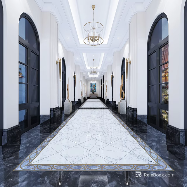 Modern Elevator Hallway With Marble Floor Chandelier And Arch Column Design 3d model