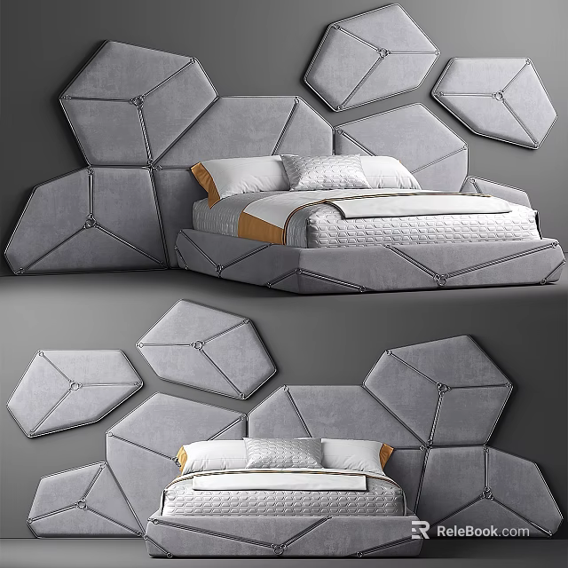 Modern Double Bed With Geometric Upholstered Gray Headboard In Contemporary Bedroom 3d model 