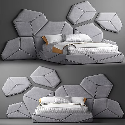 Modern Double Bed With Geometric Upholstered Gray Headboard In Contemporary Bedroom 3d model