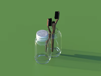 Daily Washing Supplies With Transparent Glass Jars White Lid And Brown Toothbrushes 3d model