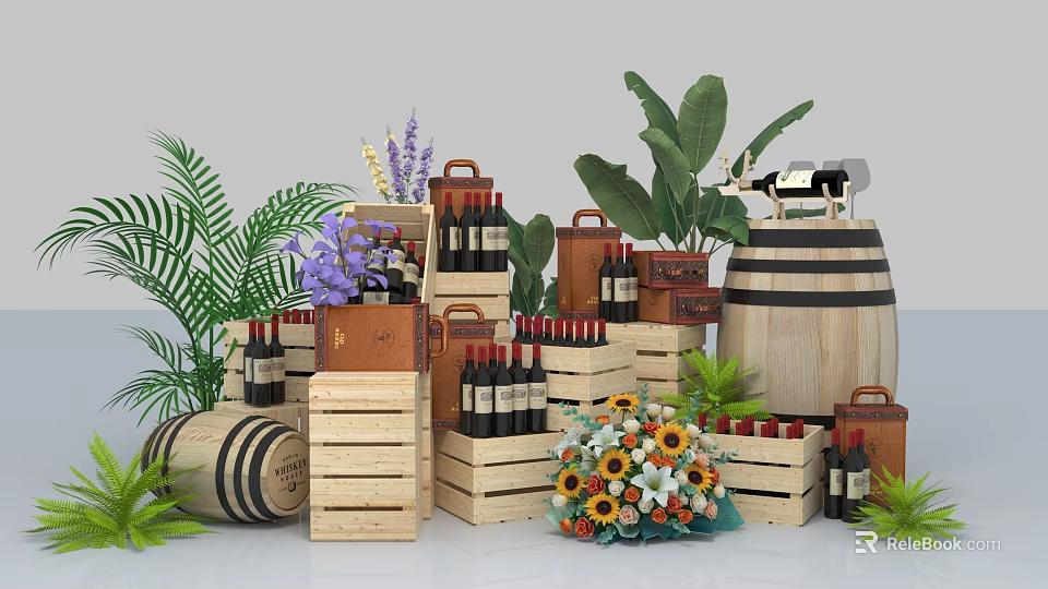 Display of Wine Bottles with Wooden Crates Barrels Flower Bouquets and Green Plants 3d model 