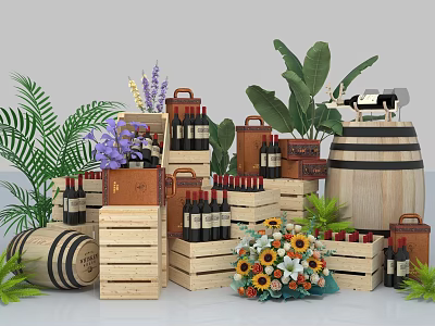 Display of Wine Bottles with Wooden Crates Barrels Flower Bouquets and Green Plants 3d model