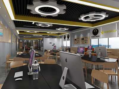 School Tech Classroom With Computers Tables Chairs Robot Model And Gear Shaped Ceiling Decorations 3d model