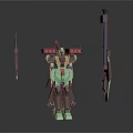 Green Brown Robot Character With Red Lights Antenna And Long Spears 3D Mech Design