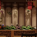 Traditional Chinese Restaurant Interior With Wooden Tables Chairs Flower Decorations And Traditional Decorative Paintings