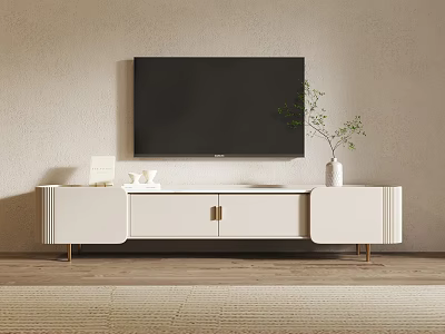 Modern White TV Stand in Living Room with Wall Mounted TV Vase and Decorative Items 3d model