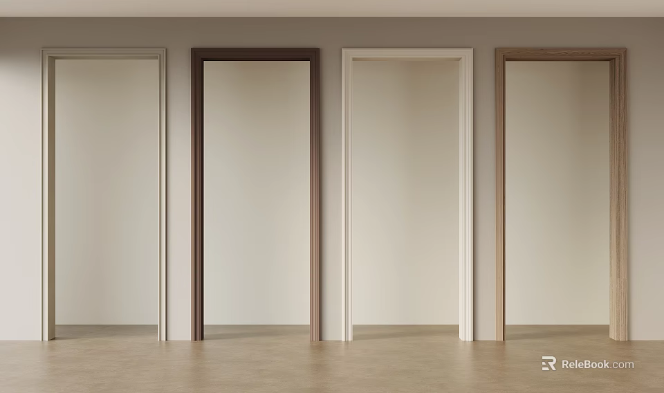 Different Colored Frame Doors In Interior With Light Walls And Wooden Flooring 3d model 