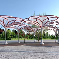 Modern Pergola Structure With Red Mesh Frame White Pillars And Surrounding Trees 3d model