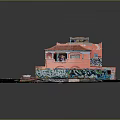 Pink Small Building Model Featuring Red Roof Balcony Colorful Graffiti Parking Lines And Bench