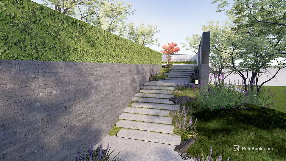 Serene Garden Landscape With Stone Steps Green Hedge Wall And Purple Flowers 3d model 