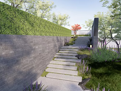 Serene Garden Landscape With Stone Steps Green Hedge Wall And Purple Flowers 3d model
