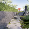 Serene Garden Landscape With Stone Steps Green Hedge Wall And Purple Flowers