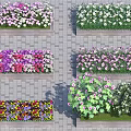 Colorful Flower And Plant Arrangements In Planter Boxes On Brick Pavement