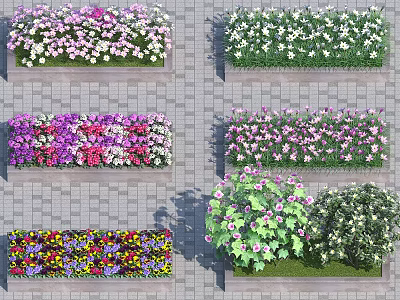 Colorful Flower And Plant Arrangements In Planter Boxes On Brick Pavement 3d model