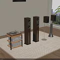 Home Audio System Featuring Floor Standing Bookshelf Speakers Turntable And Wooden Cabinet