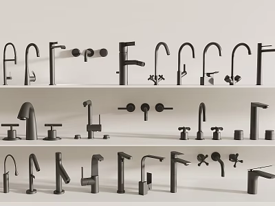 Various Modern Faucet Designs Displayed On Shelves For Home Kitchen And Bathroom 3d model