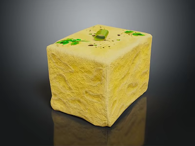 Yellow Cube Shaped Food With Green Herbs And Olive Topping On Textured Surface 3d model