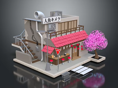 Japanese Style Snack Shop Building With Red Tiled Roof Pink Cherry Blossom Tree And Staircase 3d model