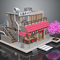 Japanese Style Snack Shop Building With Red Tiled Roof Pink Cherry Blossom Tree And Staircase
