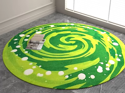 Round Area Rug with Green Yellow Spiral Pattern and White Dots on Gray Floor 3d model