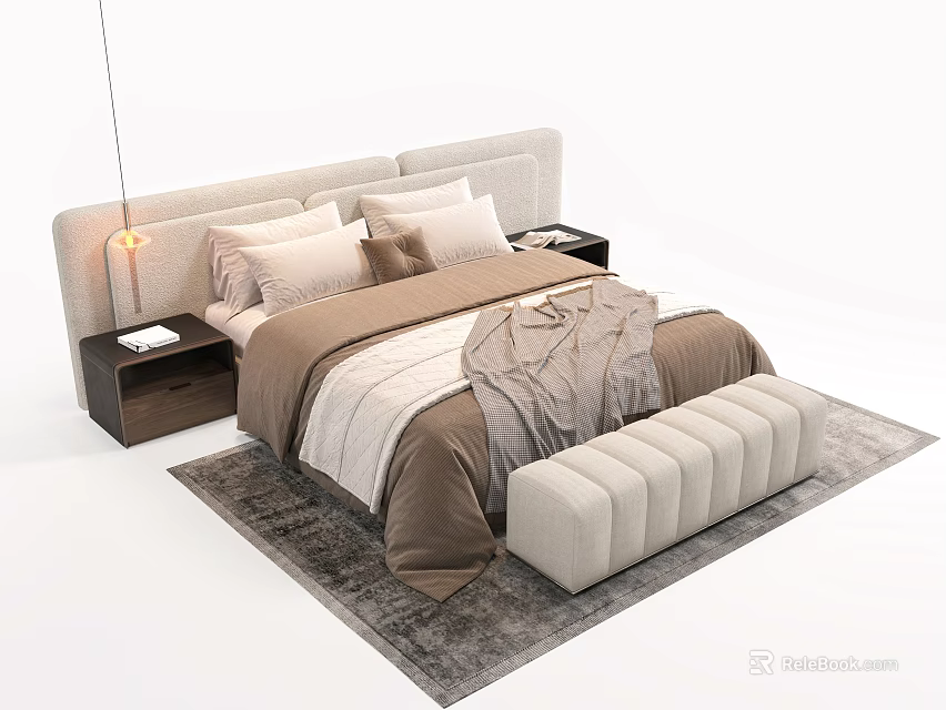 Modern Double Bed with Beige Headboard Pillows Bedding Nightstands Lamp and Bench on Gray Rug 3d model 