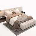 Modern Double Bed with Beige Headboard Pillows Bedding Nightstands Lamp and Bench on Gray Rug