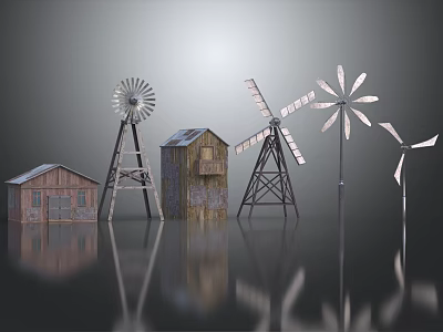 Playground Equipment Including Windmill And Small House Shaped Structures With Wooden And Metal Features 3d model