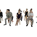 Group of people seated on wooden chairs against light background