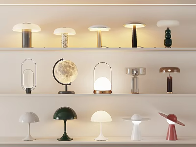 Various Stylish Table Lamps With Modern Design Displayed On Shelves For Home Decor 3d model