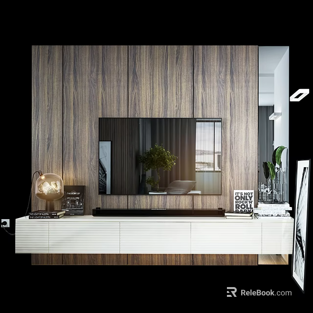 Modern TV Stand Design With Wooden Wall Panel TV And Decorative Storage Cabinets 3d model 