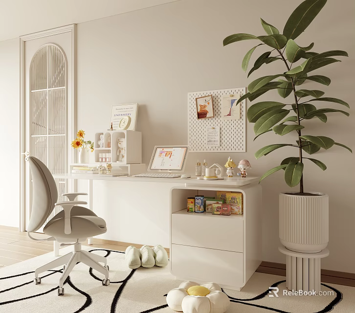 Modern White Home Office Desk With Ergonomic Chair Pegboard Laptop And Large Leafy Plant 3d model 