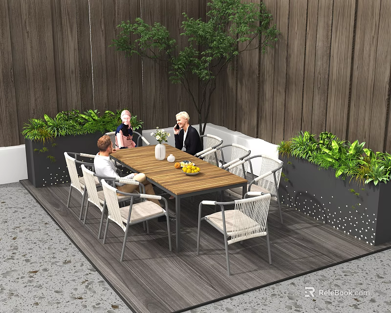 Outdoor Wooden Table with Chairs and People Chatting Surrounded by Green Plants on Patio with Wooden Wall 3d model 