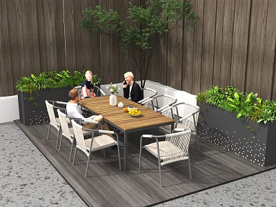 Outdoor Wooden Table with Chairs and People Chatting Surrounded by Green Plants on Patio with Wooden Wall 3d model