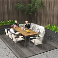 Outdoor Wooden Table with Chairs and People Chatting Surrounded by Green Plants on Patio with Wooden Wall