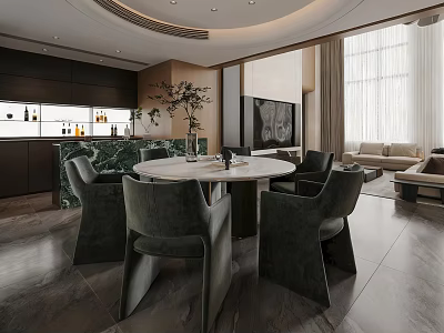Elegant Modern Restaurant Interior With Round Marble Dining Table And Dark Chairs 3d model