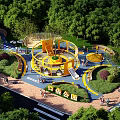 Park Landscape With Children's Play Equipment Yellow Slides Rotating Structures Green Trees And Lawns