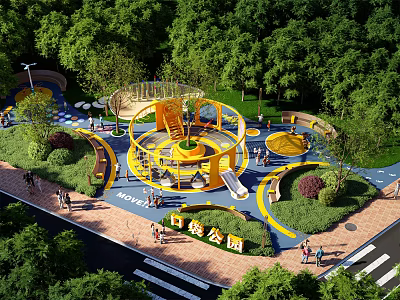 Park Landscape With Children's Play Equipment Yellow Slides Rotating Structures Green Trees And Lawns 3d model