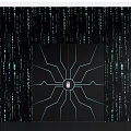 Black Double Door Design With Geometric Lines And Central Circular Button On Binary Code Background