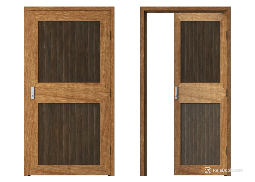 Double Wooden Swing Door With Glass Panel And Wood Frame For Home Interior Use 3d model 