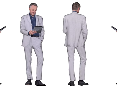 Business Man In Gray Suit Different Poses Holding Tablet Full Body White Background 3d model