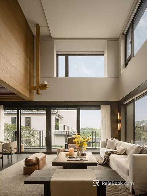 Duplex Living Room With High Ceiling Wooden Elements Large Windows And Natural Light 3d model 