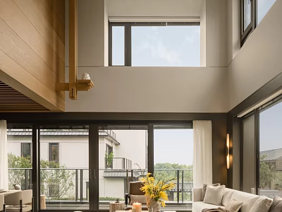 Duplex Living Room With High Ceiling Wooden Elements Large Windows And Natural Light 3d model