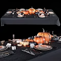 Elegant Tableware Set with Pumpkin Decor and Dried Flowers for Fall Dinner Table Arrangement 3d model