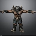 Muscular Horned Demon Warrior With Skull Decorated Armor And Bracers Standing On Dark Background