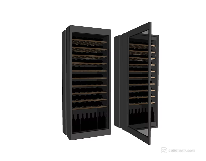 Black Wine Refrigerator With Open Glass Door And Multiple Bottle Storage Shelves 3d model 